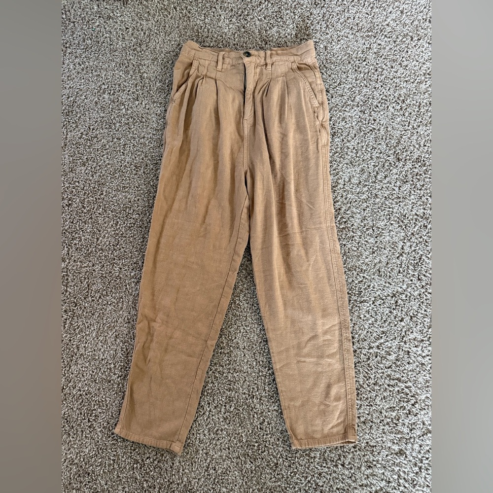 Free People tan high waisted pleated linen blend trousers with pockets boho